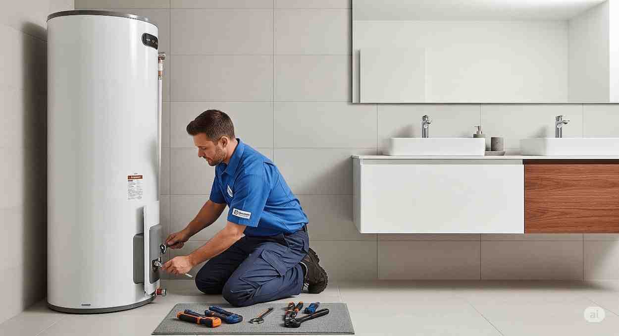 Plumber fixing a leaking pipe under a kitchen sink in Singapore