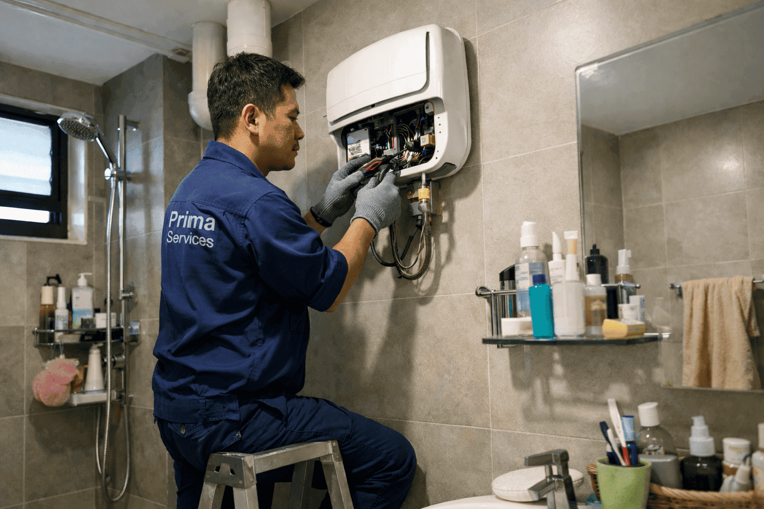 Prima Services plumber at work in a Singapore home