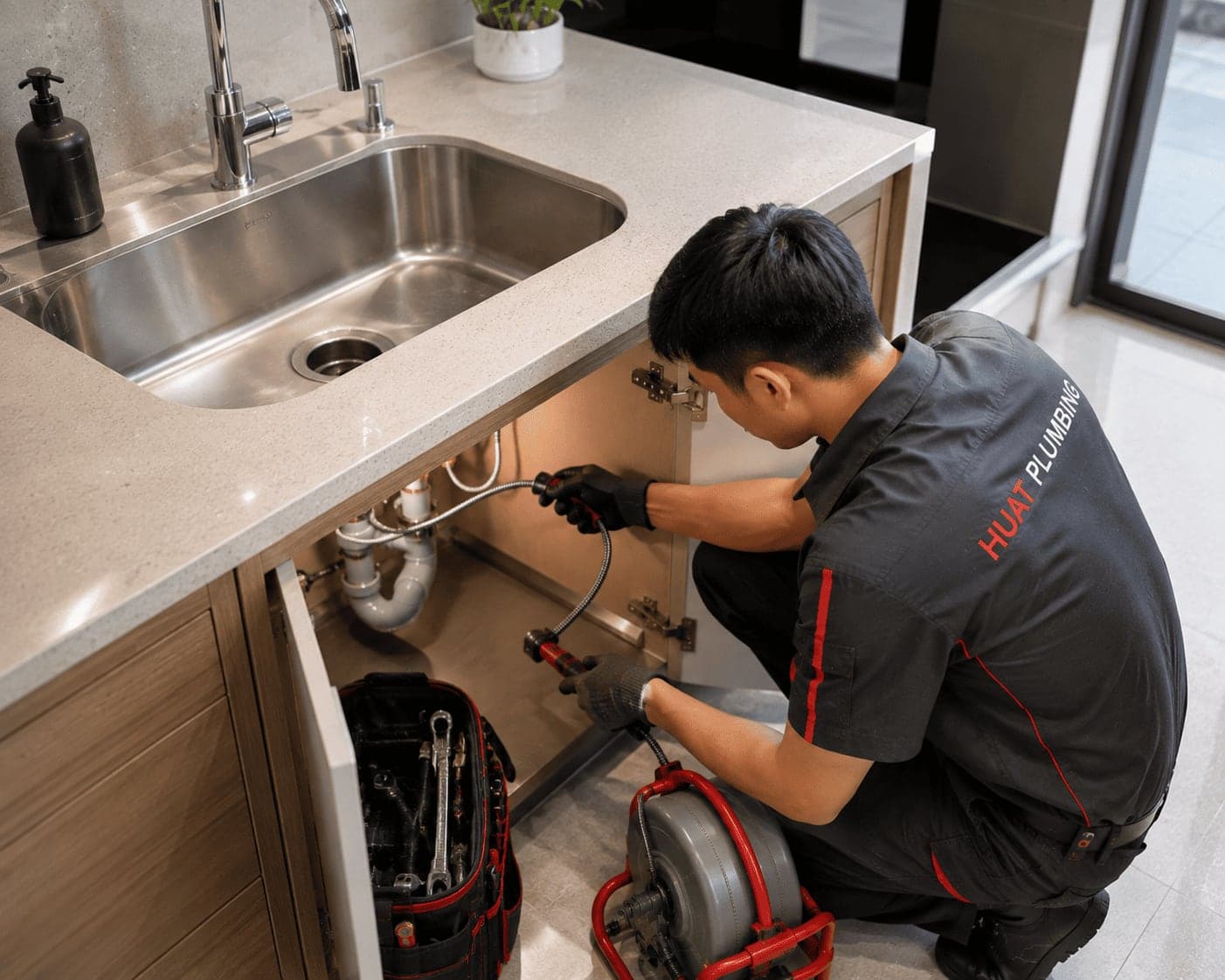 Plumber clearing a blocked sink drain under a kitchen counter in Singapore