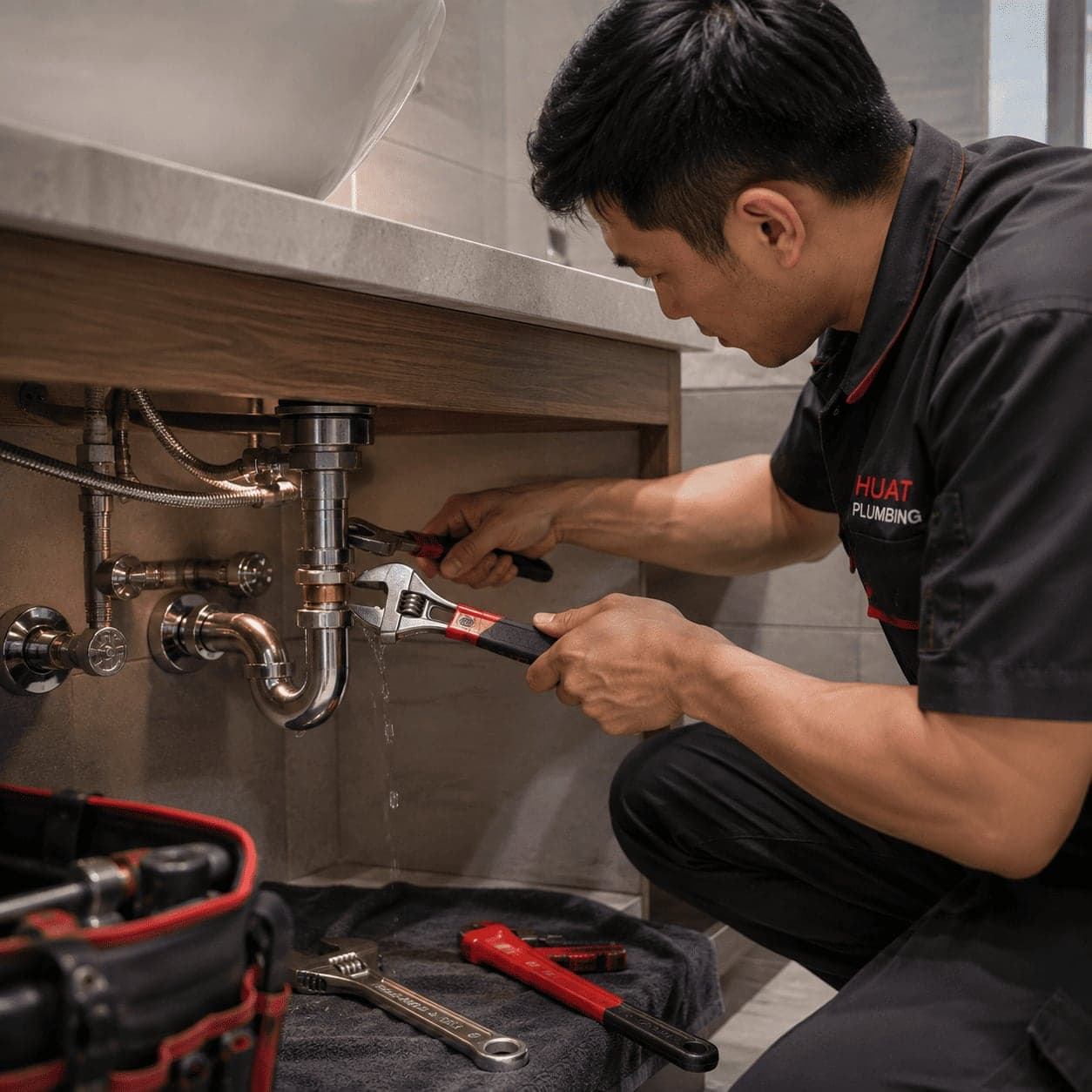 Water leak detection and pipe repair work in a Singapore home