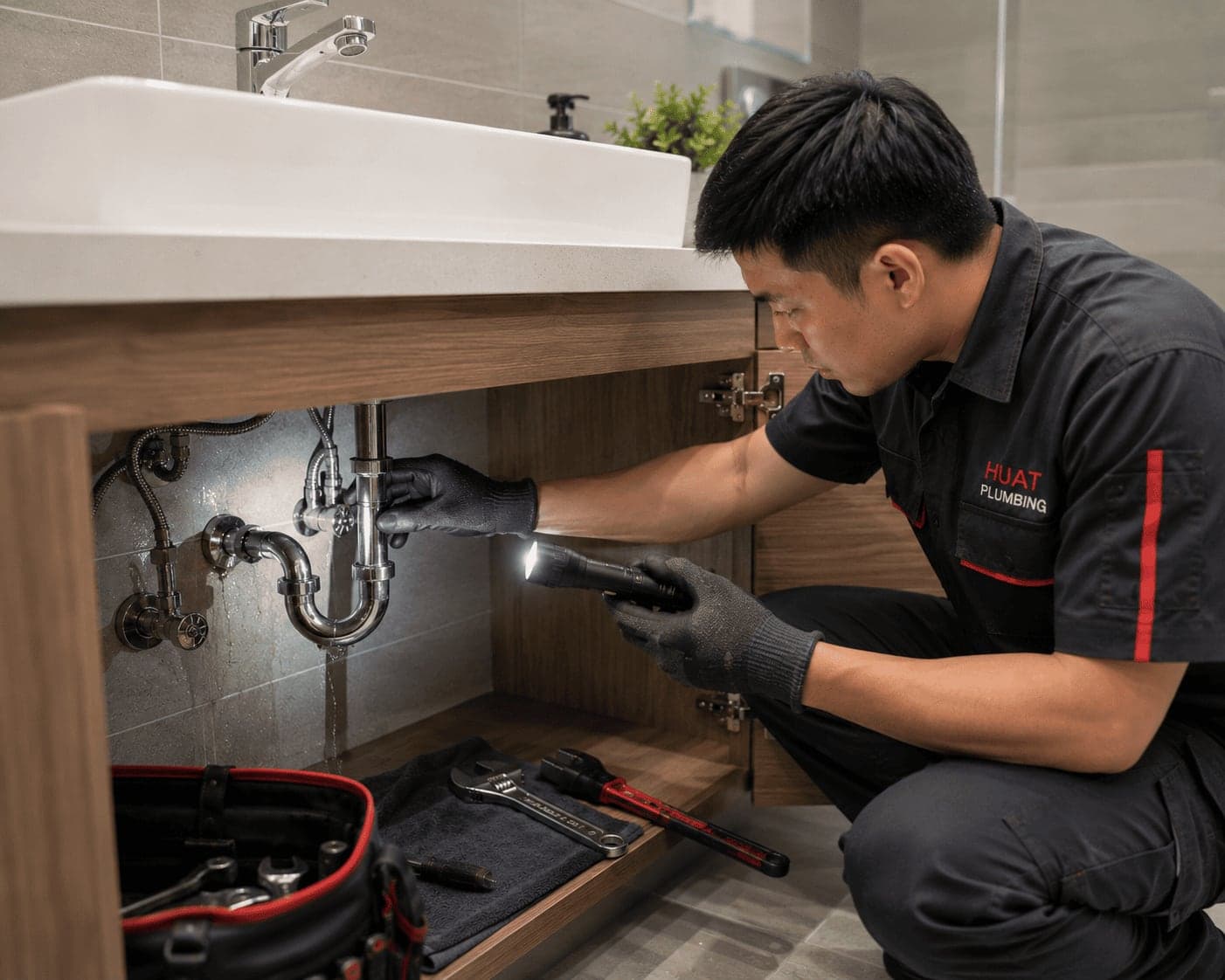 Plumber repairing a leaking pipe behind a wall in a Singapore flat